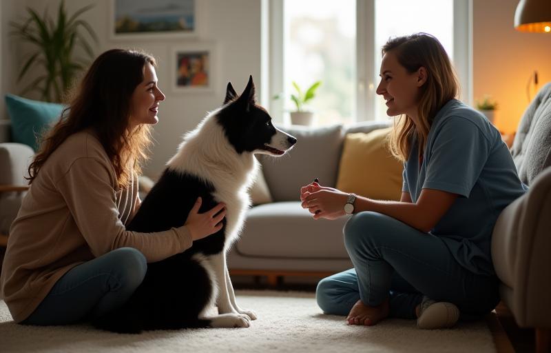 Dog trainer consulting a family with their border collie in living room