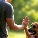 Dog and trainer high-fiving in natural light