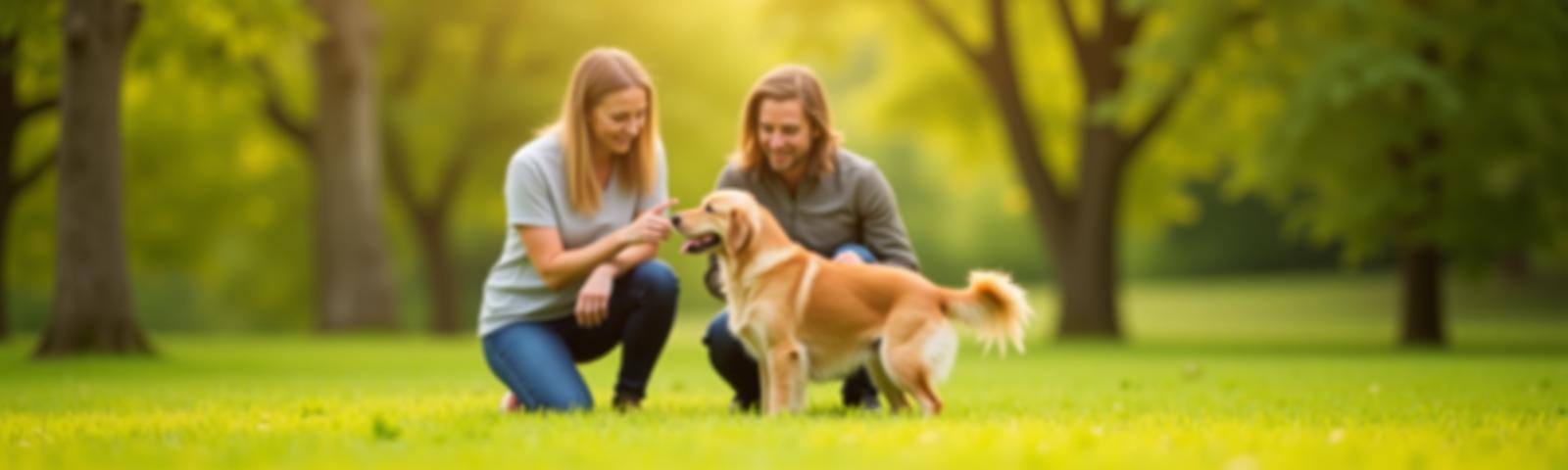 Certified dog trainer teaching a golden retriever with owner in Bristol park