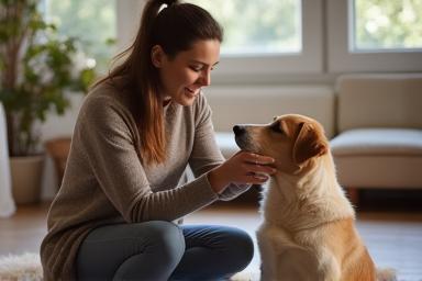 Dog behaviourist working with an anxious rescue dog in a cozy setting