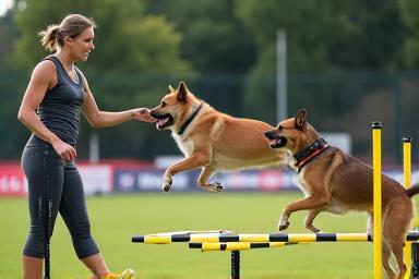 Trainer demonstrating canine fitness activities on agility equipment