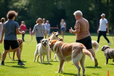 Group obedience class outdoors with several dogs and owners