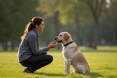 Trainer giving one-on-one session to a Labrador in a quiet park